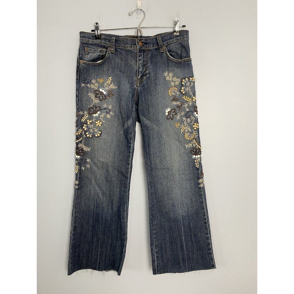 Arden B. Jeans Women's Size 8 Blue Denim Embellished Boho Floral Retro Cut Hem